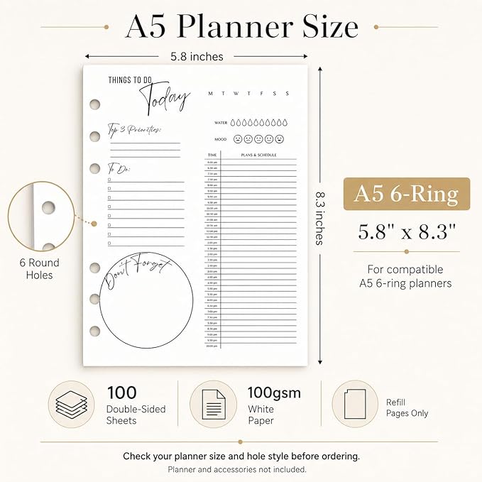 A5 Daily Planner Inserts, 6-Ring Undated Planner Refill Pages with To Do List, Hourly Schedule & Reminders, 100 Double-Sided Sheets, 100gsm White Paper, 5.8 x 8.3 in