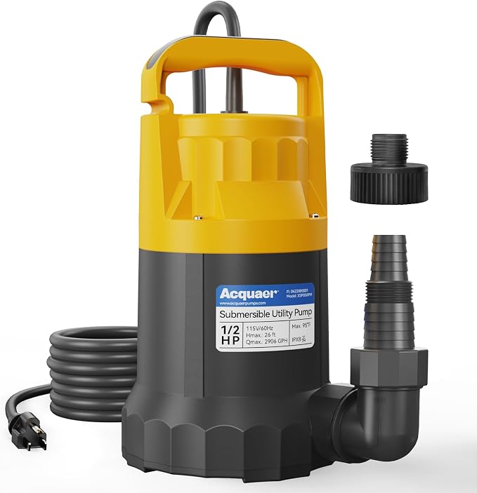 1/2HP Sump Pump, 2906GPH Submersible Water Pump | Utility Pump for Water Removal in Hot Tubs, Pools, Basements, and Garden Ponds