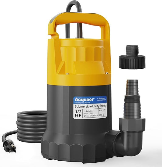 1/2HP Sump Pump, 2906GPH Submersible Water Pump | Utility Pump for Water Removal in Hot Tubs, Pools, Basements, and Garden Ponds