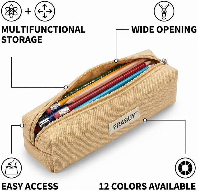 Canvas Pencil Case Pouch – Multipurpose Pen Bag Stationery Beige | Heavy-duty canvas, smooth alloy zipper, cute organizer for girls and boys, ideal for stationery, cosmetics, tech gear