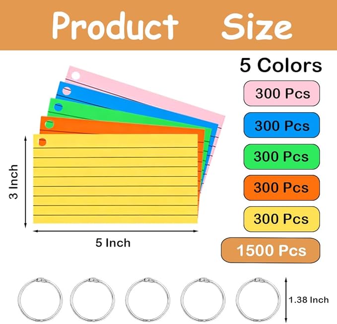 1500 Pcs Index Cards with Rings, 3x5 Inch Flash Cards Bulk with Holder for Studying, Colorful Notecards Lined for Office, Home, School Supplies College, Ruled Index Cards, Double Sided (5 Colors)