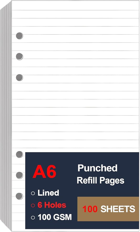 A6 Lined Paper Refill 6 Ring, A6 Filler Paper for Filofax Personal Binder Planner, 100gsm Ruled Pages, 6 Hole Punched, 100 Sheets/200 Pages, 3.75 x 6.75 Inch