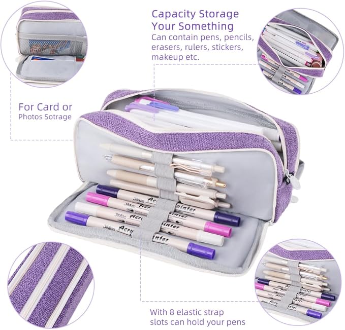 iSuperb Large Pencil Pouch 3 Compartments Pencil Case Big Capacity Pencil Bag for Kids Teen Girls Boys Student School Supplies Pen Organizer Holder Bag (Purple)