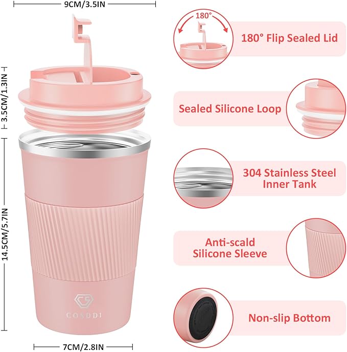 CS COSDDI 12 oz Stainless Steel Vacuum Insulated Tumbler - Coffee Travel Mug Spill Proof with Lid - Coffee Cups for Keep Hot/Ice Coffee,Tea and Beer (3rd light pink)