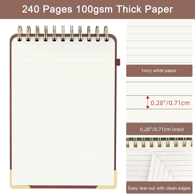 A5 Top Spiral Notebook, Tree Pattern Large Leather Hardcover Left Handed Journal, 240 Pages 100 Gsm Lined Paper Top Bound Steno Pads for Work, School, Travel Writing - Brown, 5.9" x 8.5"