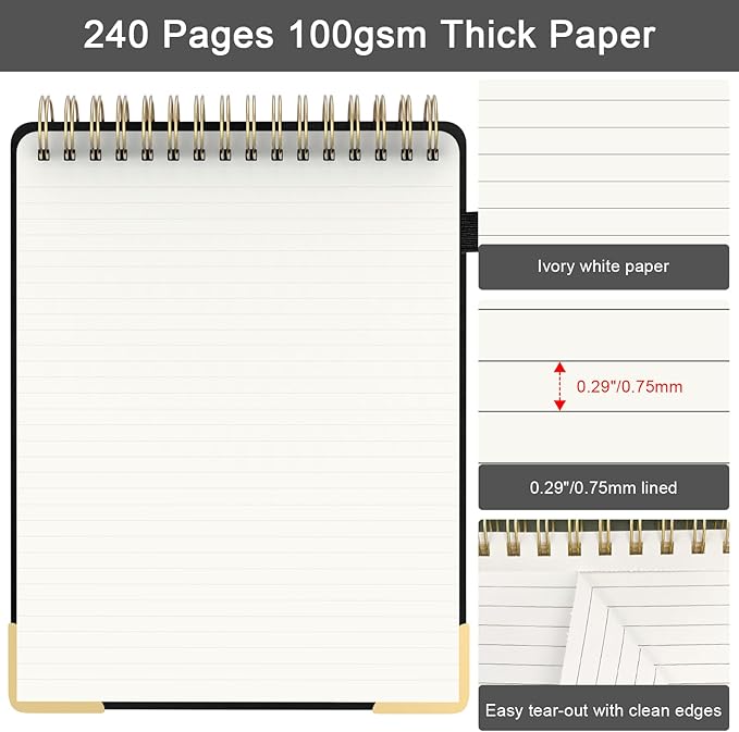 A4 Top Spiral Notebook, Large Leather Hardcover Top Bound Steno Pads, 240 Pages 100 gsm Thick Lined Paper Left Handed Notebook Journal for Work, School, Meeting Writing - Black, 8.5" x 11"