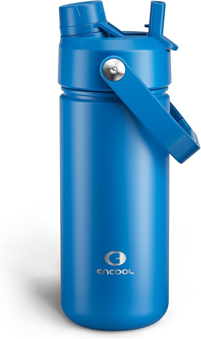 ENCOOL Insulated Water Bottle with Straw Stainless Steel Water Bottle, Leak-Proof, BPA-Free, Double Wall Vacuum Keeps Cold for 24 Hours for Sports, Travel, School (18 oz, Celtic Blue)