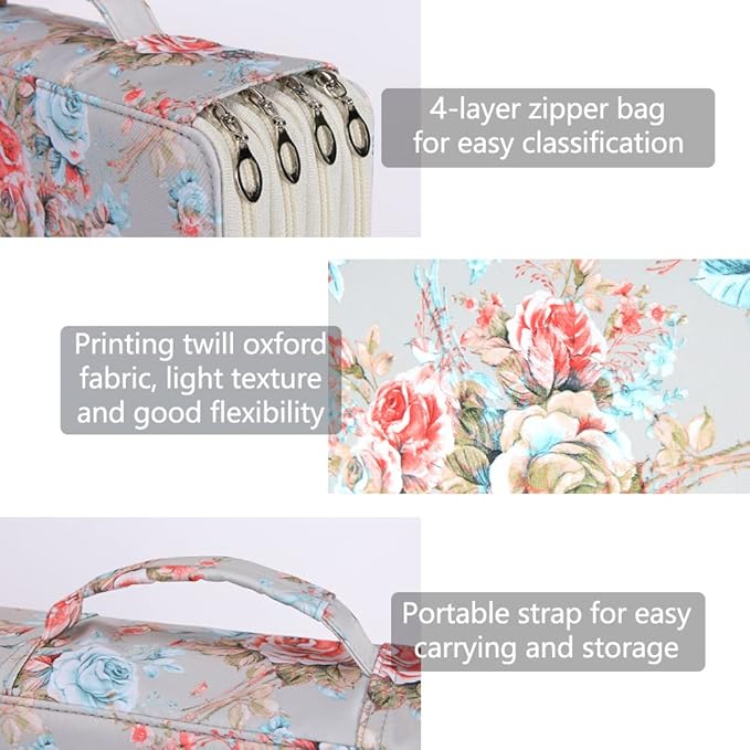 Vomgomfom 300 Slots Marker Bag, 4-Layer Zipper Portable Art Supply Organizer, PU Leather Large Capacity Marker Case Holds 100 Markers or 300 Colored Pencils with Handle (Gray Rose)