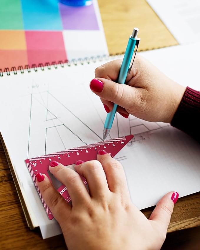 Honagu Triangular Ruler Set, 4 PC Metal Drafting Ruler, Geometric Protractor, Measuring Drawing Tool for Students, Teachers, Draftsmen, Engineers, Home School Office Supplies (15cm/5.9inches, Red)