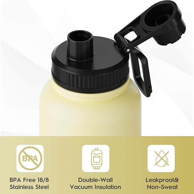 Navigate 32oz Insulated Water Bottle for Sports, Keep Cold 24H | 2-in-1 Spout and Handle Lids, Double Leak-Proof, 18/8 Stainless Steel, BPA-Free, Wide Mouth for Hiking,Faint Yellow