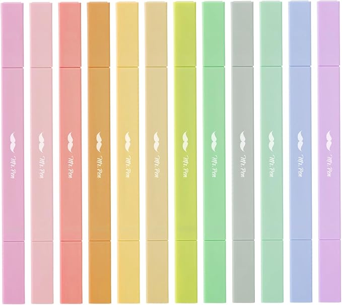 Mr. Pen- Dual Tip Aesthetic Highlighters, 12 pcs, Chisel & Fine Tip, Cute Highlighters Assorted Colors for Journaling, Highlighting, Underlining, Fast Dry, Back to School Supplies