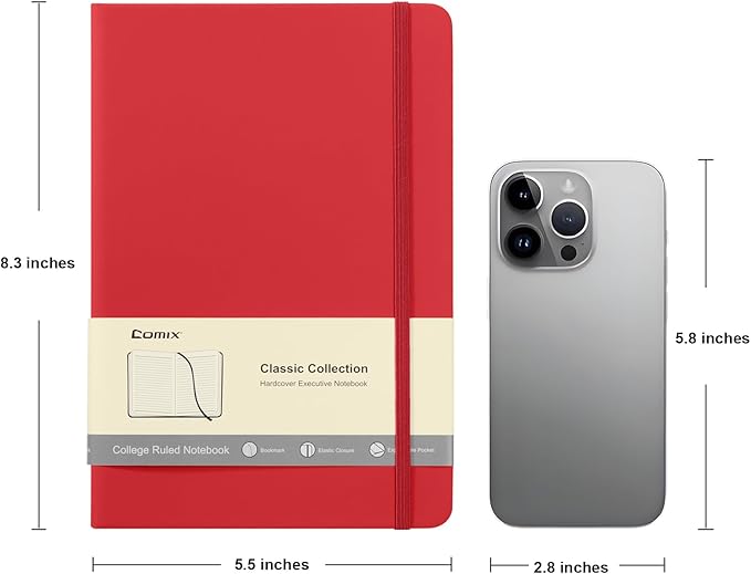 Comix 6 Pack Lined Journal Notebooks for Work, 240 Pages, 5.5"x8.3", Red, Hardcover, A5 Medium College Ruled, Journaling Notebooks for Notes-Taking, Fits for Office School Home