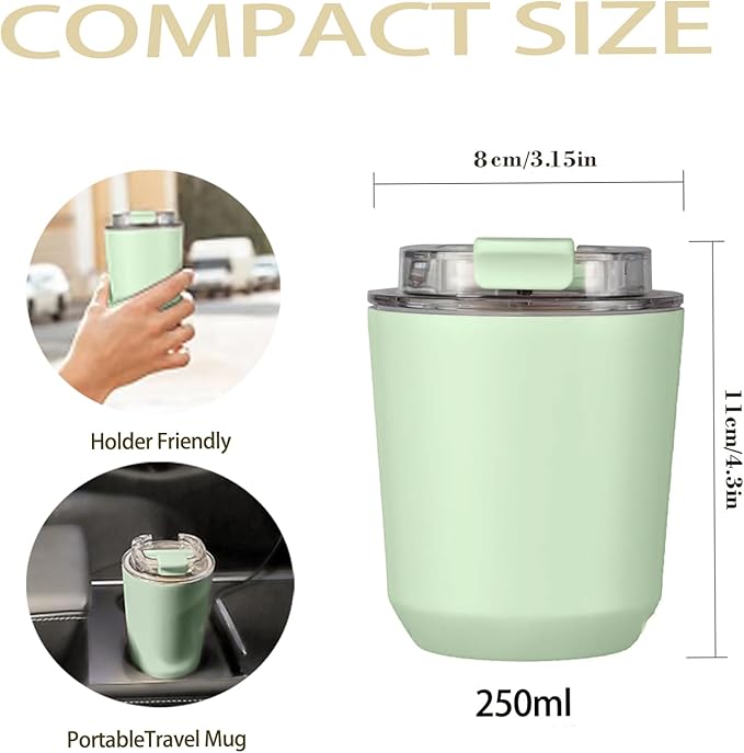 DEQIANG Travel Coffee Cup, Coffee Cup Travel with Lid, Insulated Coffee Mug for Hot & Cold Beverages, Great Gift Choice for Coffee Lovers, Office Workers, Hikers & Commuters (Green, 8.5 oz)