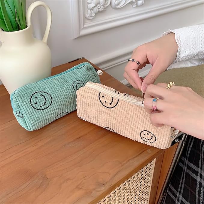 Pencil Pouch Cute Pencil Case Office Storage Bag Holder Box Organizer Aesthetic Bow Flower Pattern Makeup Pouch Cosmetic Bag for Women (KHAKI SMILE)