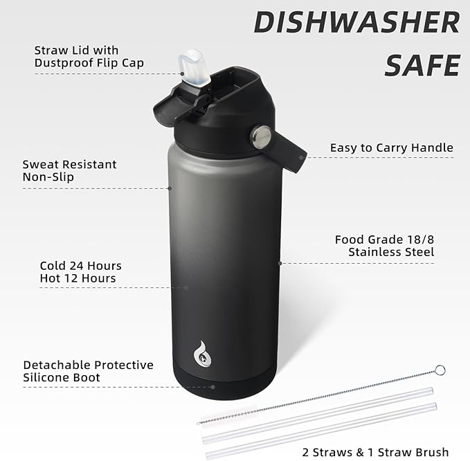 BJPKPK Water Bottle with Straw Lid, 24oz Vacuum Insulated Water Bottles, Metal Stainless Steel Thermo for Sports, Travel, BPA Free Leak Proof Thermo, Cups, Flasks, Tumblers,Black Grey