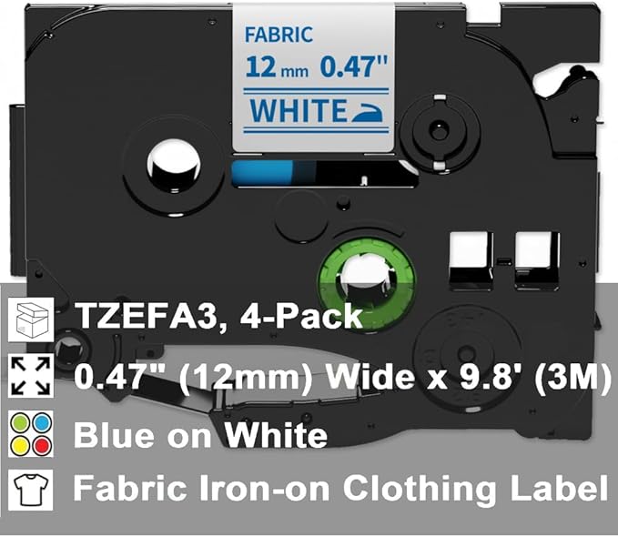Fimax Compatible Fabric Iron-on Clothing Label Replace for Brother P Touch Fabric Tape TZe-FA3 TZeFA3 Tape 12mm 0.47'' for PT-D210 PT-D400 PT-H100 PT-D200 PT-D600 Labelmakers (Navy Blue on White,4PK)