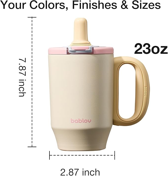 BABLOV 23 oz Ceramic Lined Tumbler with Straw - 316L Stainless Steel Insulated Coffee Tumbler with Lids Handle for Tea,Cold Hot Beverages at Home Office or on the Go Travel Coffee Mugs,Light Beige