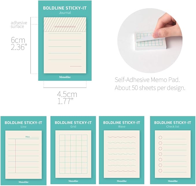 Monolike Boldline Sticky-It - 5p Set Self-Adhesive Memo Pad 50 Sheets