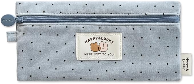 Monolike Happy and Lucky Candy Dot pen case, Blue - Slim Corduroy Style Cotton Pen Pouch, Cute Aesthetic Pastel Stationery Organizer for Office