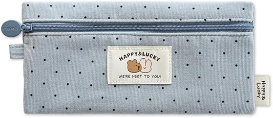 Monolike Happy and Lucky Candy Dot pen case, Blue - Slim Corduroy Style Cotton Pen Pouch, Cute Aesthetic Pastel Stationery Organizer for Office