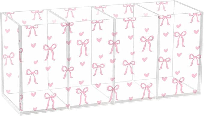 Aslsiy Cute Coquette Pink Bow Pen Holder White 4 Compartments Acrylic Pencil Holder Clear Makeup Brush Holder Desk Organizer Office Supplies