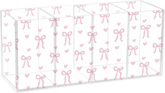 Aslsiy Cute Coquette Pink Bow Pen Holder White 4 Compartments Acrylic Pencil Holder Clear Makeup Brush Holder Desk Organizer Office Supplies