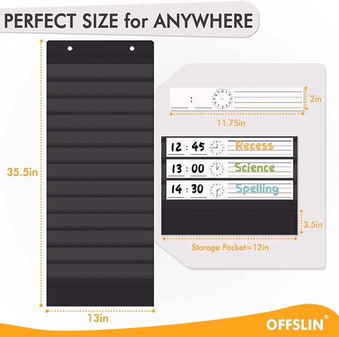 Daily Schedule Pocket Chart, 13+1 Pockets Visual Classroom Schedule Pocket Chart, 18 Double-Side Dry Erase Cards Routine Calendar for Classroom, Office, Home Teacher Supplies (Black)