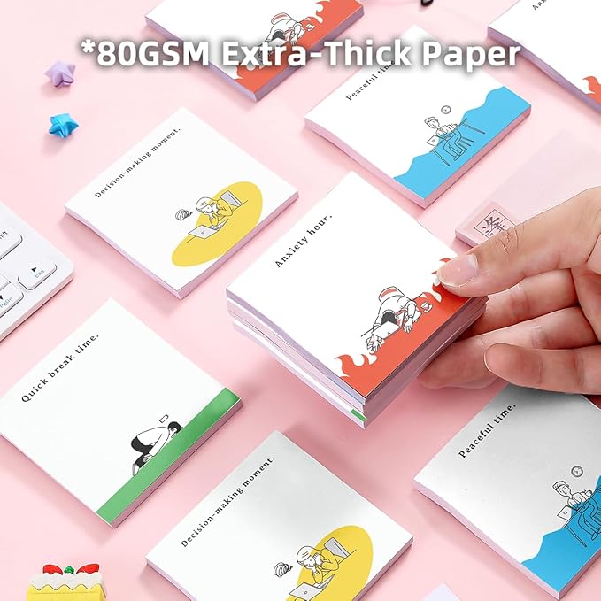 Funny Emo Mood 4 Pads / 200 Sheets 3x3 inch Sticky Notes Set, Vintage Memo Pads with High-Adhesive, Post Reusable Tearable it Notes for Journal Planners Office School Home, Bulk Retro Stationery Gift