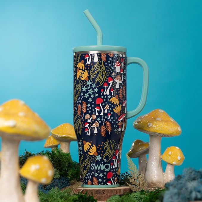 Swig Life 40oz Mega Mug, 40oz Tumbler with Handle and Straw, Extra Large Insulated Tumblers, Cup Holder Friendly Travel Mug (Mushroom Meadow)