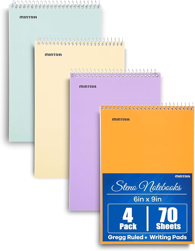Mintra Office Steno Books Set - Top-Spiral Bound, Gregg Ruled, 70 White Sheets, Poly Pastel Covered Notebooks for Office, Professional, School & Work, Note-taking, Writing Pads, 6"x9", 4 Pack