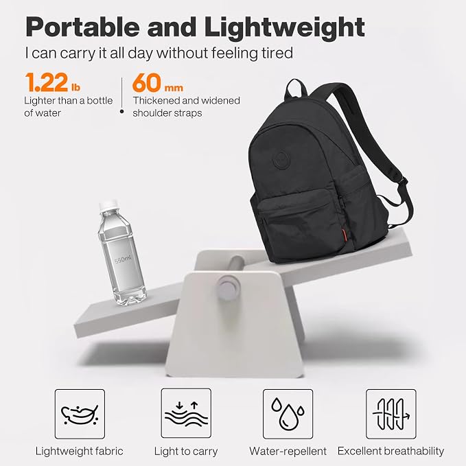 mixi 15 Inch Casual Travel Daypack, Lightweight Laptop Backpack, Black | Ultra Light Backpack, Fits 14in Laptop, Water/Oil/Stain Resistant, Anti-Theft Pocket&Luggage Strap for College Work Hiking