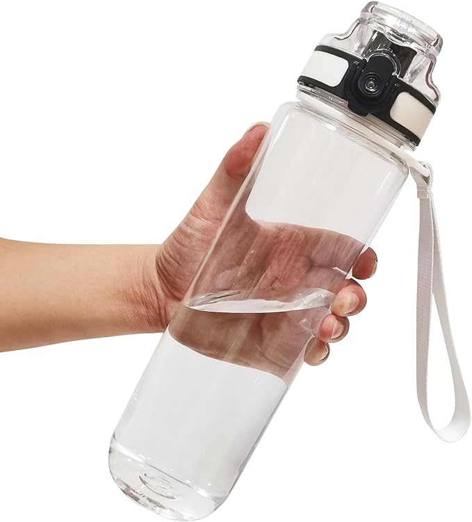 Clear Plastic Water Bottle | No Markings 32oz Chug Lid Sports Water Bottle | Leak Proof Re-Usable Flip Top Plastic Drinks Bottles for School, Office, Gym, Cycling, Exams (Clear-32oz)