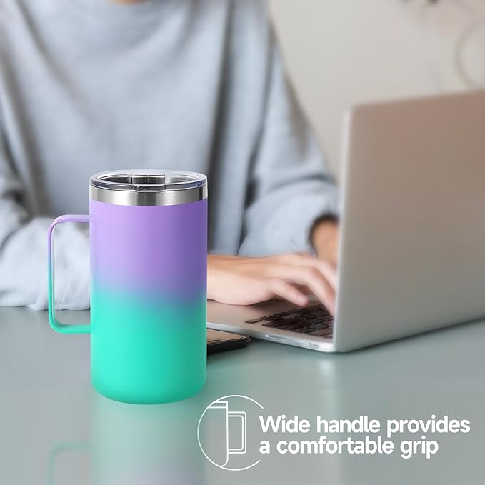 Volhoply 22oz Insulated Stainless Steel Coffee Mugs with Leakproof Lid Bulk 2 Pack,Double Wall Vacuum Travel Coffee Cup with Handle,Reusable Metal Tumbler,Camping Mug Keep Hot&Cold(Purple Green,2)