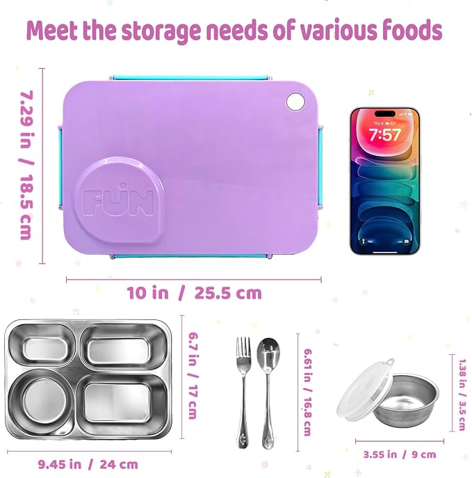 Kids Stainless Steel Lunch Box,304 Stainless Toddler Leak-Resistant Insulated Metal Bento Box,Suitable Schools,Office,Use Comes With An Independent Soup Cup,Tableware,4 Compartments (Purple) ﻿