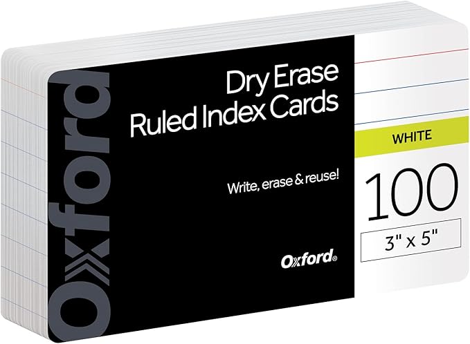 Oxford Dry Erase Index Cards, 3x5 Ruled, Reusable Flash Cards, Double Sided Dry & Wet Erase Cards for Gaming, Study or Vocabulary, 100-Pack (63512)