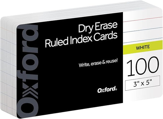 Oxford Dry Erase Index Cards, 3x5 Ruled, Reusable Flash Cards, Double Sided Dry & Wet Erase Cards for Gaming, Study or Vocabulary, 100-Pack (63512)