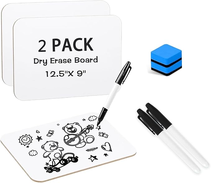2 Packs Dry Erase LapBoards with 2 Erasers and 2 Markers, 12.5" x 9" Double Sided Whiteboards, Dry Erase Boards for Students Teachers Kids Learning Education Home Classroom Office Meeting Group