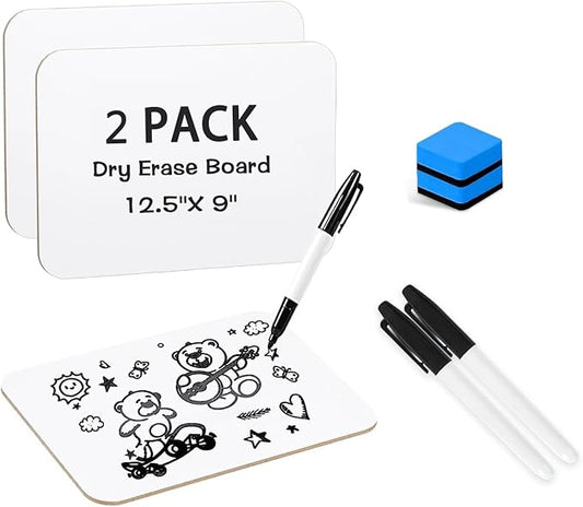2 Packs Dry Erase LapBoards with 2 Erasers and 2 Markers, 12.5" x 9" Double Sided Whiteboards, Dry Erase Boards for Students Teachers Kids Learning Education Home Classroom Office Meeting Group