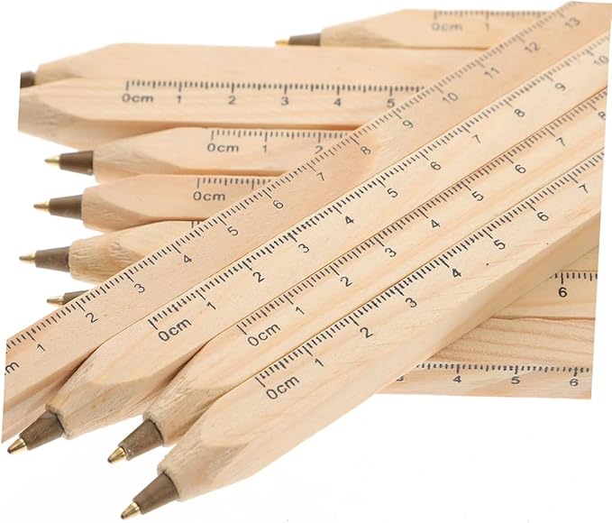 Luxshiny 6pcs Natural Biodegradable Wood Ballpoint Pens with Printed Ruler, Black Ink Carpenter Drafting Pens for Office, School, and Construction Use