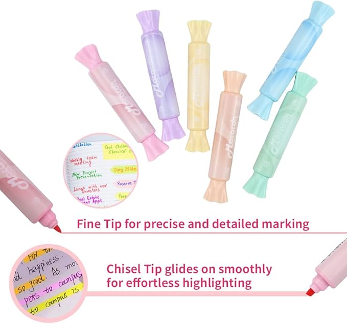 6 Pack Cute Candy Shaped Highlighters, Dual Tip Pastel Highlighter, Assorted Colors Marker Pen for Journals Planners Books Notes, Quick Dry, Write Smoothly, Macaron Colors