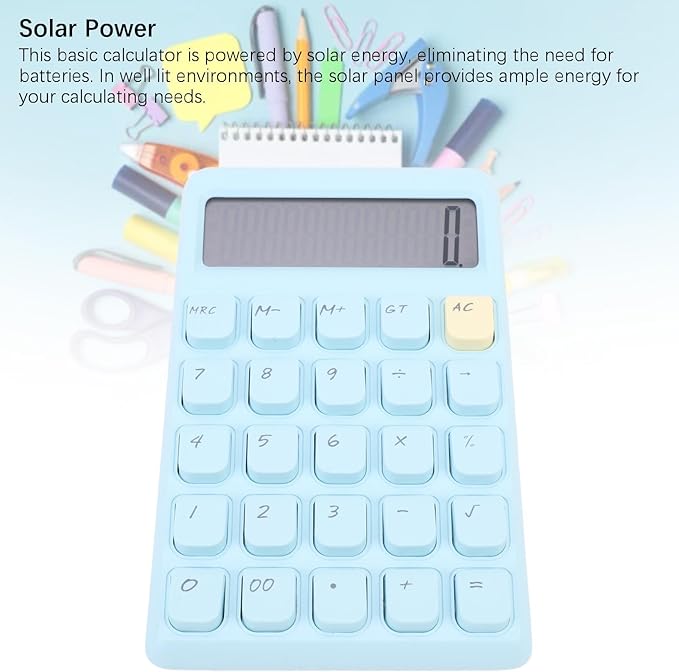 Aramox Basic, Smart, Portable Calculator with Large Display for School and Office Use, Powered by Solar Energy, Compact Design, Mechanical Keys (Blue)
