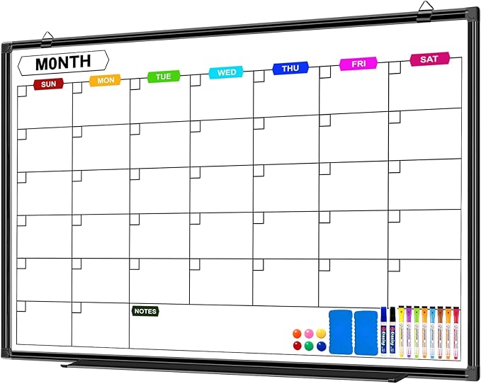 Dry Erase Calendar Whiteboard for Wall 36" x 24", Magnetic Monthly White Board Calendar Dry Erase with Tray, Black Aluminum Frame Bulletin Board for Office Home and School