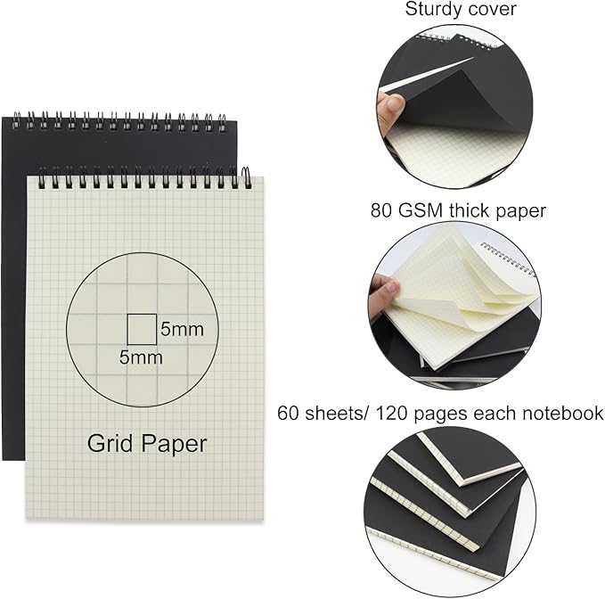 4 Pack Graph Paper Notebook, A5 Top Wirebound Grid Spiral Notebook 5.8" x 8.3",60 Sheets,5mm x 5mm Grid Paper,Grid Notepad for Students, Math, Engineering (Black)