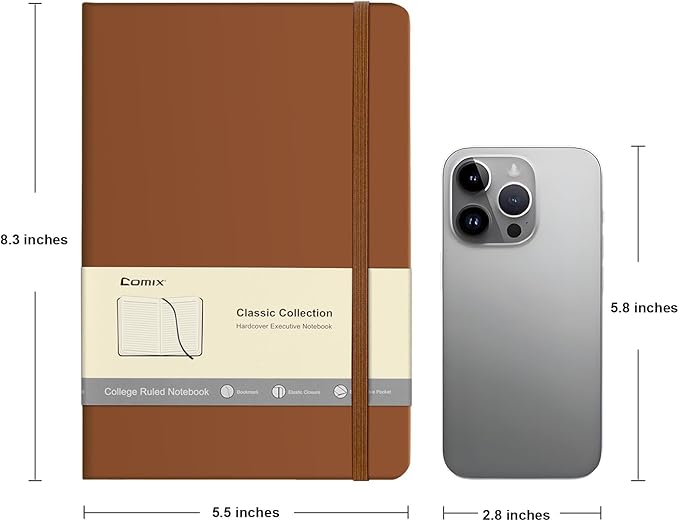 Comix 6 Pack Lined Journal Notebooks for Work, 240 Pages, 5.5"x8.3", Brown, Hardcover, A5 Medium College Ruled, Journaling Notebooks for Notes-Taking, Fits for Office School Home