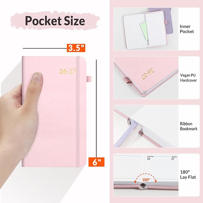 SUNEE 2026-2027 Pocket Weekly Planner for Purse 3.5" x 6" - 12 Month (July 2026 - June 2027) Academic Year Calendar, Pocket Size Planner, Hardcover, Note, 100 GSM Paper, Pink