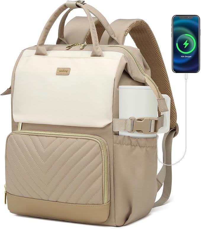 Laptop Backpack for Women, College Bookbag School Backpack for High School Teen Girls, Work Bags with Cup Holder & USB Charger for Teacher Nurse Travel, Beige Khaki