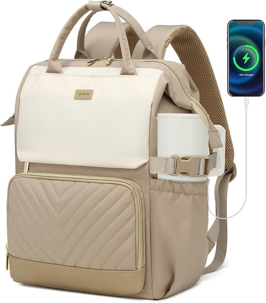 Laptop Backpack for Women, College Bookbag School Backpack for High School Teen Girls, Work Bags with Cup Holder & USB Charger for Teacher Nurse Travel, Beige Khaki