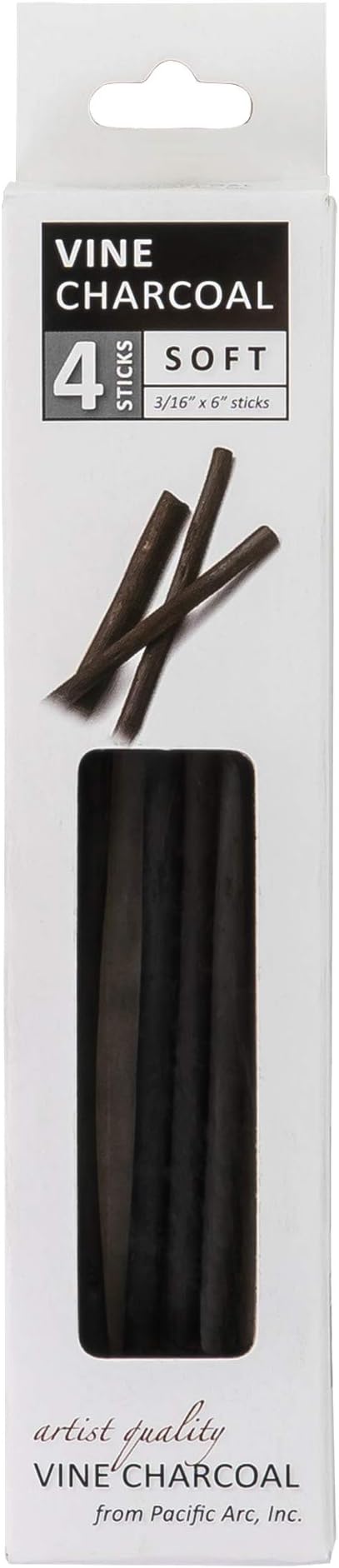 Pacific Arc Artist Vine Charcoal, Soft, Black 4 Charcoal Sticks for Drawing, Sketching, and Fine Art