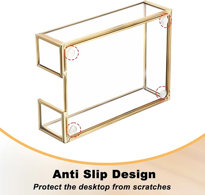 BTSKY Golden Glass Sticky Note Holder for 4x6 Inch Sticky Notes, Elegant Post It Note Dispenser with Non-Slip Pads Clear Notepad Holder for Desk Organization Planning, Home Office Decor