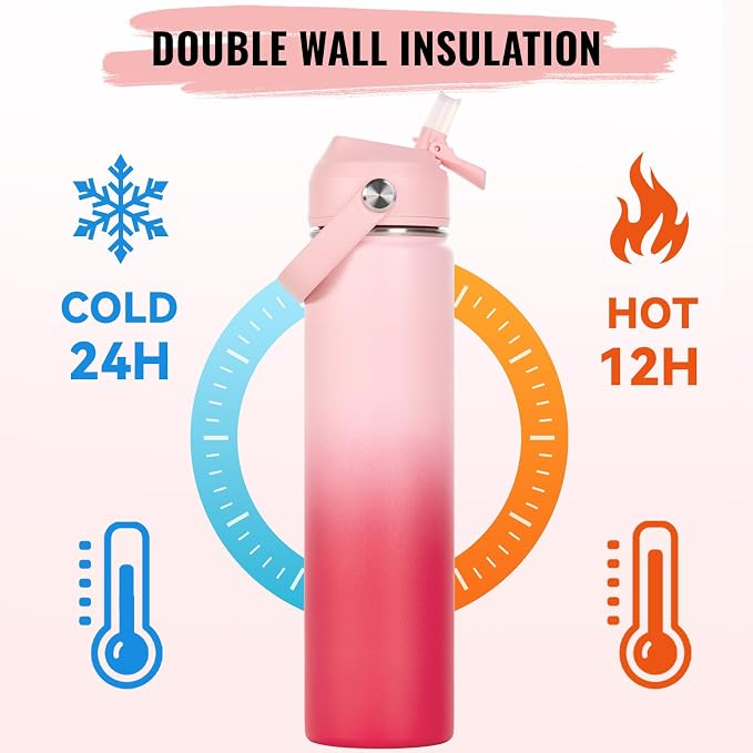 Fijinhom 24oz Insulated Stainless Steel Water Bottle, Wide Mouth Double Wall Vacuum, Silicone Straw, Sweat & Leak Proof, BPA Free Insulated Water Flask for Travel, Keep Cold 24h Hot 12h, Pink Gradient